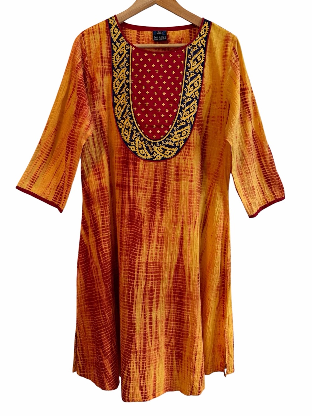 Kay Kraft Kurti Womens Sz 46 Red Yellow Batik Tie Dye Textured 3/4 Slv India